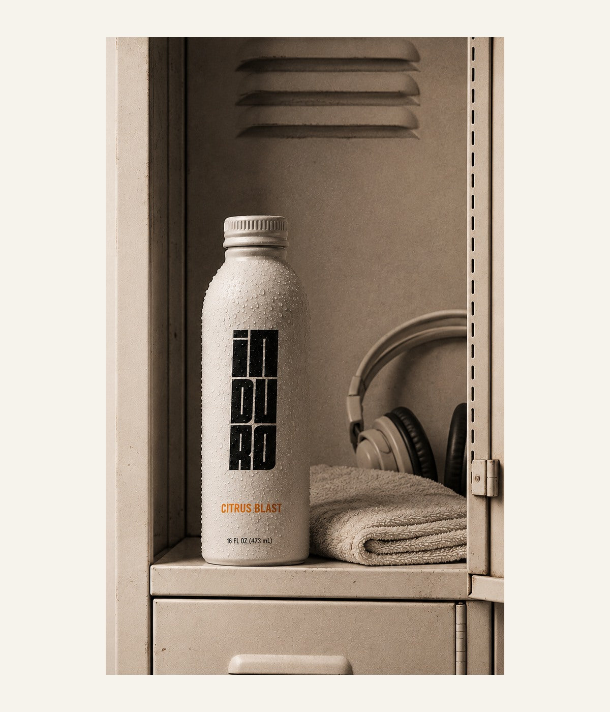 Cold INDURO bottle with condensation in a modern locker